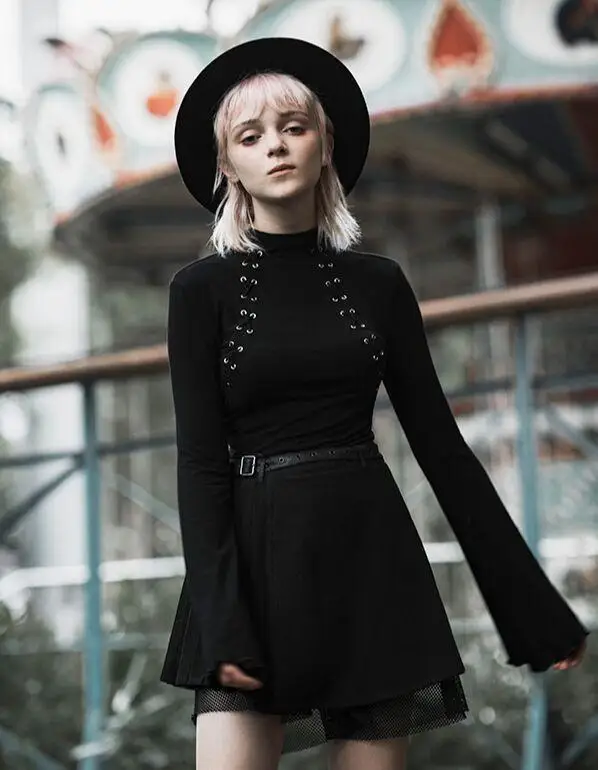 Панк рейв Женская готика Высокая шея пересекающая веревку с длинными рукавами