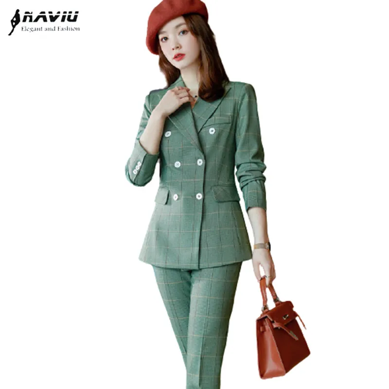 

Plaid Suits Women New Autumn High End Fashion Temperament Business Formal Slim Blazer And Pants Office Ladies Work Wear