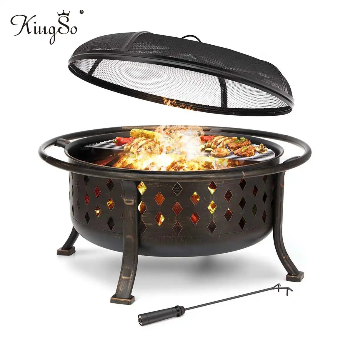 

KINGSO 36 inch Fire Pit Outdoor Wood Burning Fire Pits Heating Large Steel BBQ Grill Firepit Bowl for Winter with Cooking Grate