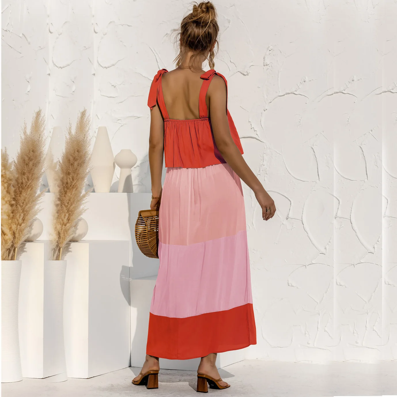 

woman long dress 2021 Summer A-Line Spaghetti Strap Patchwork Ruffled long dress Casual Women Ankle-length Dress holidays beach