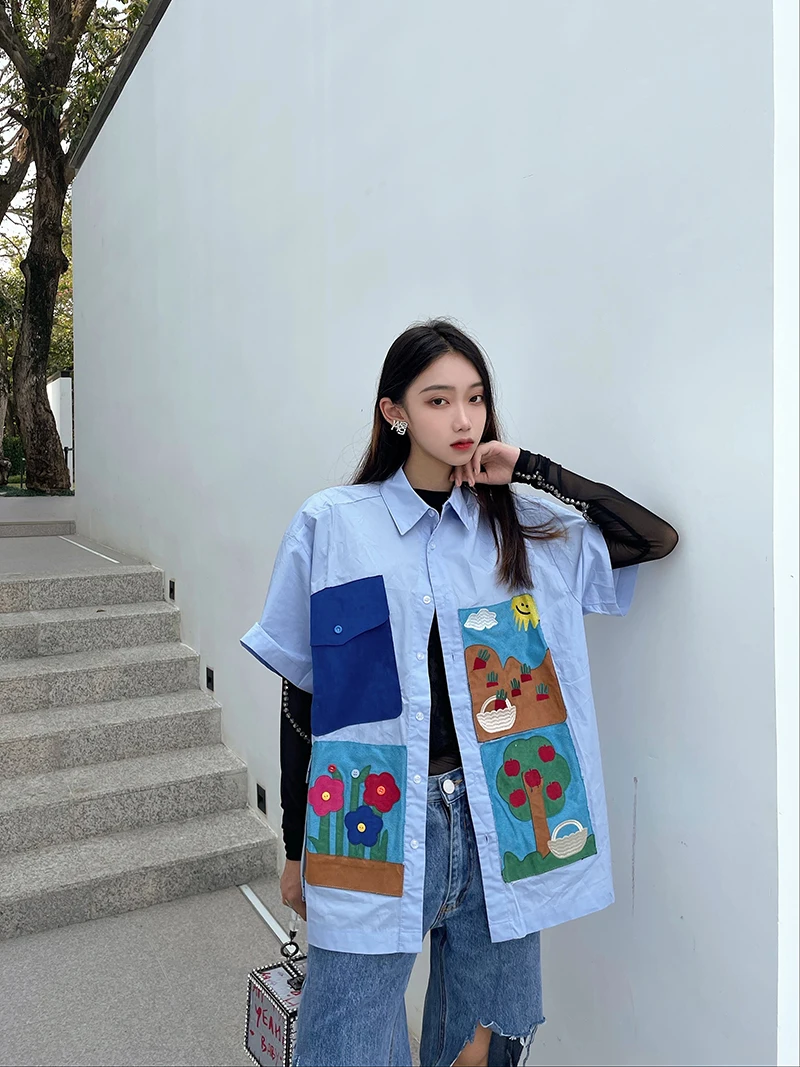 

2021 Summer Women Pink Blouse New Short Sleeve Simple Shirts Print Lady Female Top Single Breasted Turn Down Collar Blouses