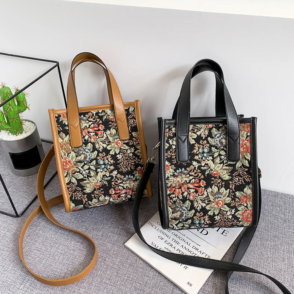 

Vintage Women Floral Printed Tote Bag Casual Canvas Square Handbags Fashion Flower Pattern Large Capacity Shoulder Crossbody Bag