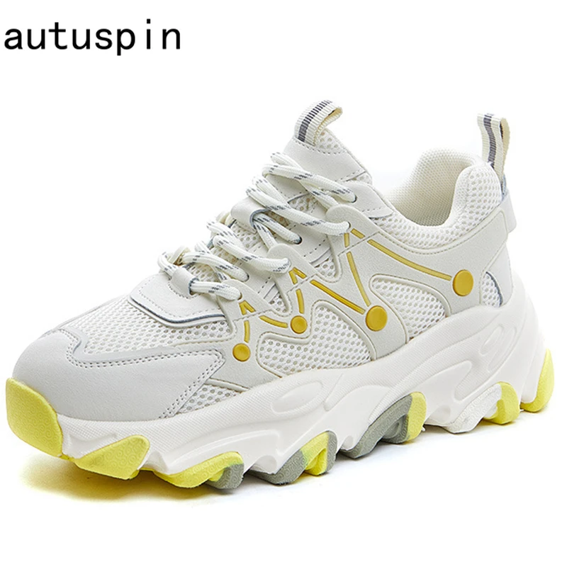 

Autuspin Women Mesh Sneakers Autumn Trendy Genuine Leather Round Toe Women Fashion Vulcanized Sports Running Shoes Pink Yellow