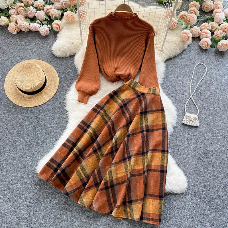 

Winter New Women's Knitting Costume Turtleneck Solid Color Pullover Lantern Sleeve Sweater + Slim Plaid Long Skirt Two-Piece Set