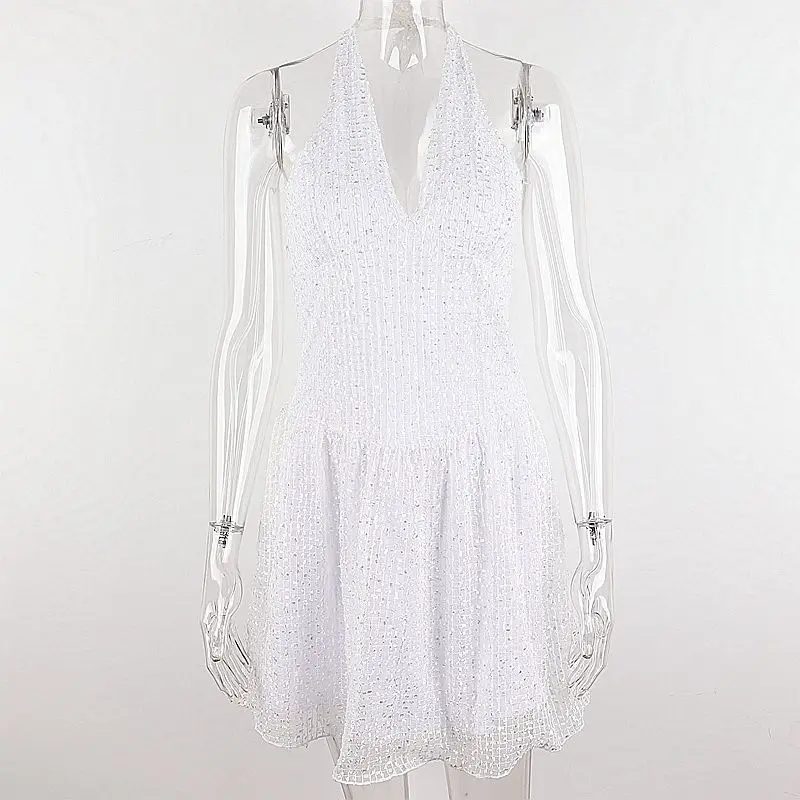 

Women Marilyn Monroe Sexy Dress Summer Strappy V-neck Dresses Female Beach Backless Party Sundress Mini Ruffle White Dress