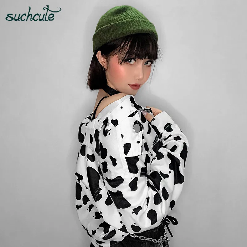 SUCHCUTE, Женская куртка с принтом коровы, пальто для женщин, корейский стиль, Modis Longslive, повседневная, осень, кнопка, Harajuku, уличная одежда, пальто