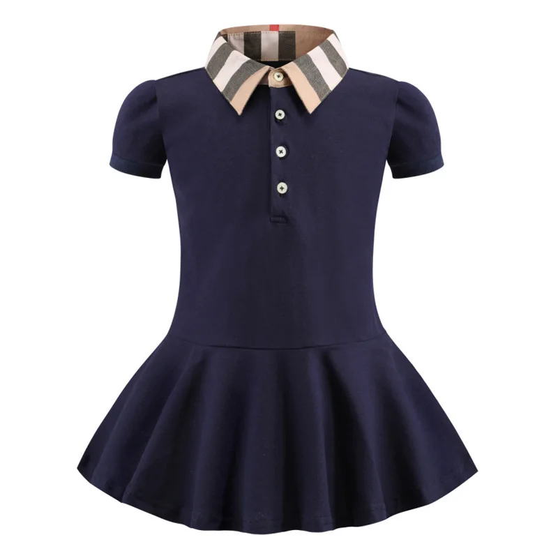 

2021 Summer Turn-down Collar Short Sleeve Girls Dresses Bead Ground Cotton Collision Plaid Collar Kids Causal Dress