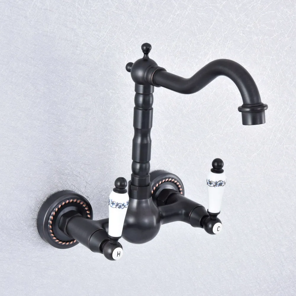 

Кухонный мокрой бар, кран для раковины для ванной комнаты, черный латунный настенный поворотный носик, смеситель с двойным керамическим рычагом msf713