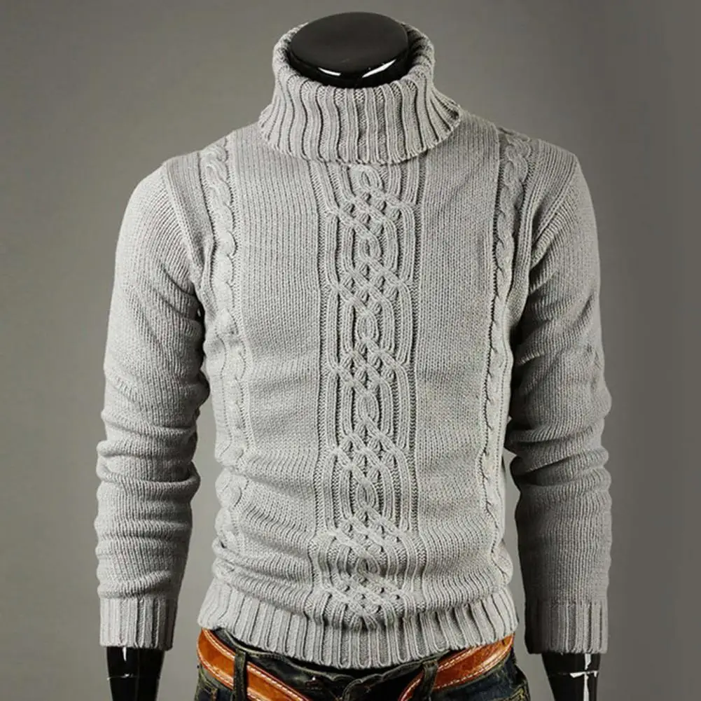 

Мужской облегающий свитер 2021, Удобные однотонные теплые вязаные топы с ребристыми манжетами и высоким воротником, повседневная одежда