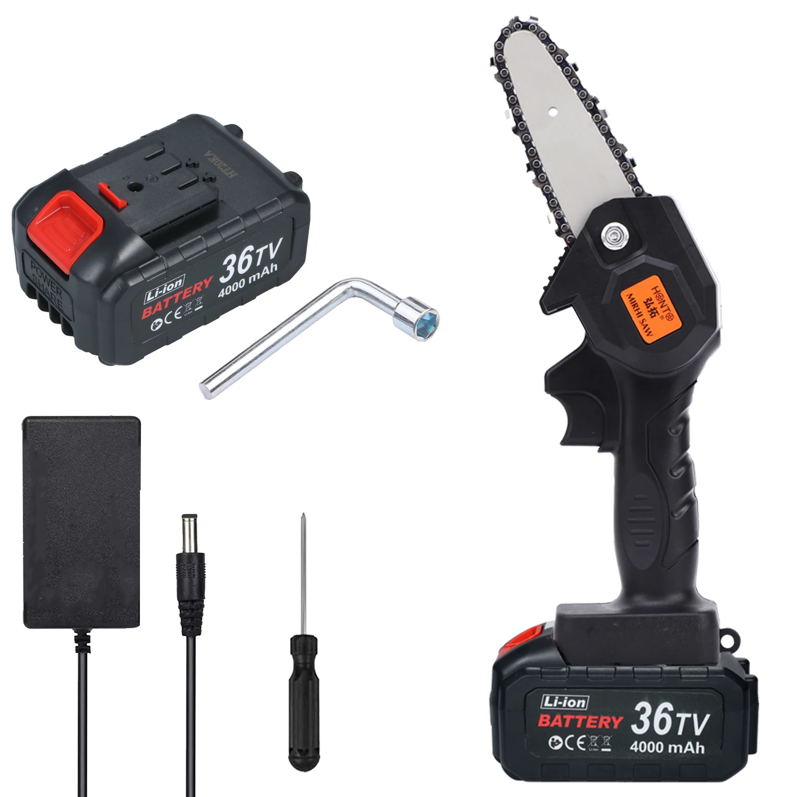 

4-In Mini Chainsaw Cordless Pruning Saw 21V 4.0A Rechargeable Portable Electric Saw One-Hand Pruning Shears Chainsaw for Garden