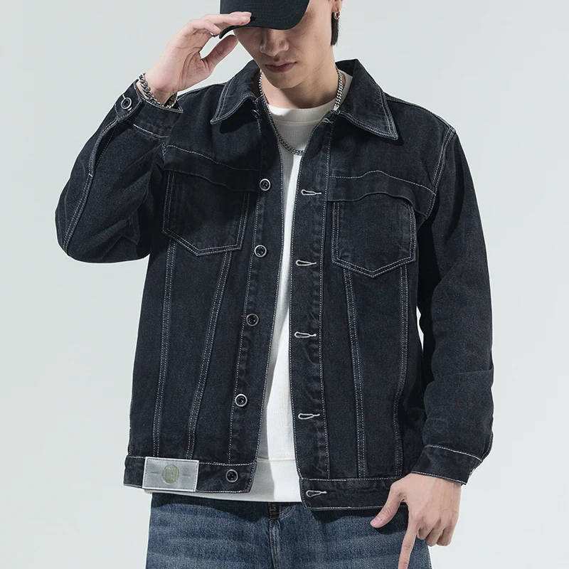 Мужская джинсовая куртка с длинным рукавом синяя приталенная из хлопка верхняя