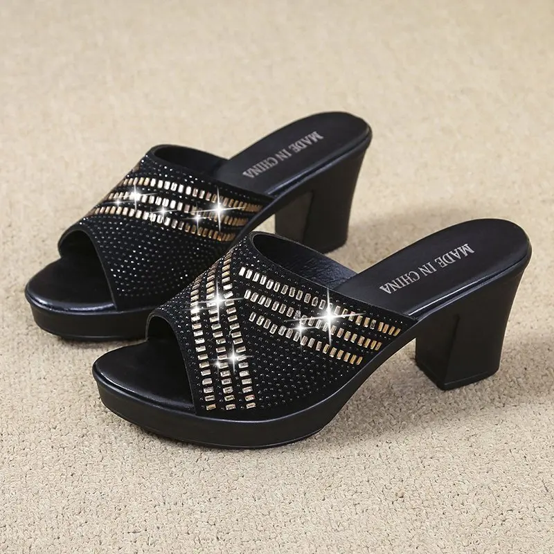 

Новинка лета 2021, модные простые однотонные женские тапочки на толстом каблуке, украшенные туфли-лодочки Стразы