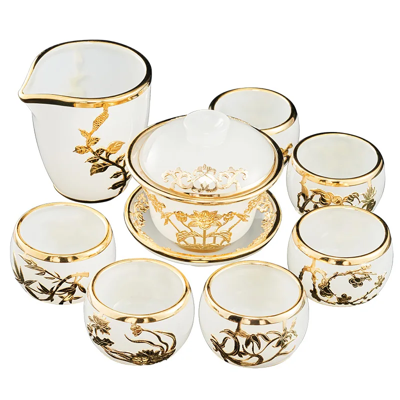 

Gold Inlaid with Jade Glass Jade Porcelain Kung Fu Tea Teaware Set Silver Plated Cover Teacup Pitcher Set High-End Gift Box