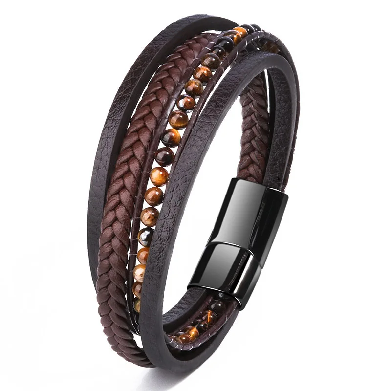 

Gift Sold Jewelry Hand-Woven Tiger Eye Natural Stone Stainless Steel Bracelet Leather Beaded Titanium