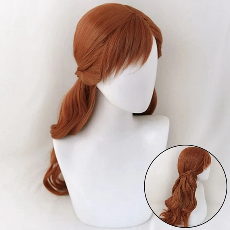 

Anna Princess Long Braid Brown big curly Wavy Cosplay Wig with bangs Christmas Heat Resistant Synthetic Wig + free Wig Cap