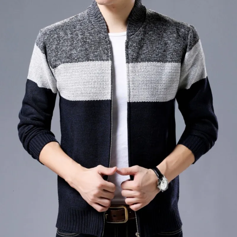 Men Casual Stand Collar Knitting Sweaters Mixed Colors Striped Cardigan Sweater Zipper Winter New Warm Outerwear M-3XL |
