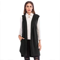 2021 new simple fashion pure colored women clothes medium long sleeveless knitted waistcoat hooded cardigan sweater coat female
