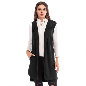 2021 New Simple Fashion Pure Colored Women Clothes Medium-Long Sleeveless Knitted Waistcoat Hooded Cardigan Sweater Coat Female