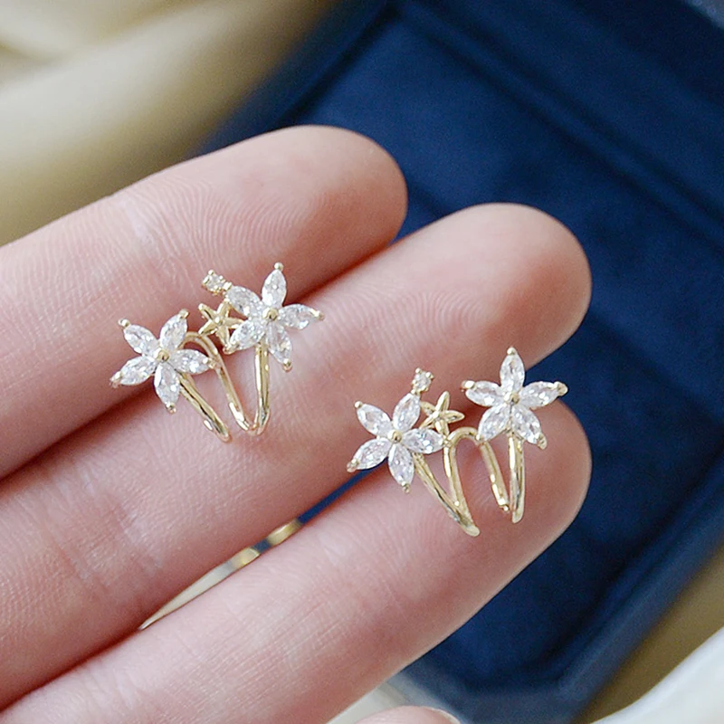 

Luxury 14K Real Gold Ice Flower Earrings for Women Jewelry Brilliant AAA Zirconia S925 Silver Needle Ear Clip Wedding Party Gift