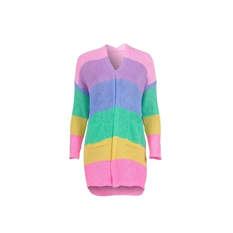 

Autumn Harajuku Rainbow Color Sweaters Casual Loose Knitting Sweaters For Women Women Long Sleeve Striped Knitted Cardigan
