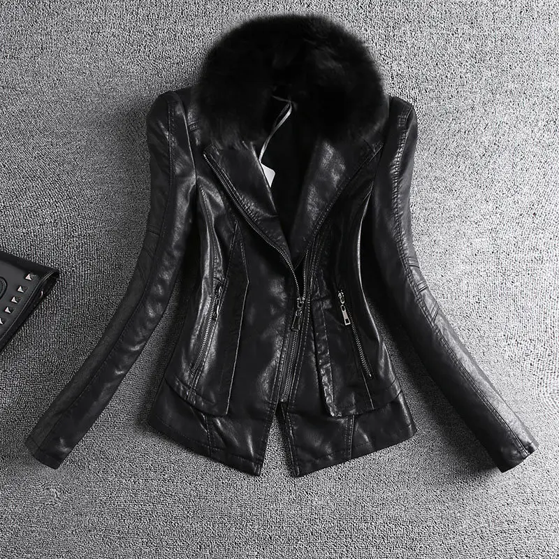 Korean Style Pu Leather Jacket Women 2021 New Long-Sleeved Slim Slimming Motorcycle Leather Jacket Female Tide Zipper Pocket B28