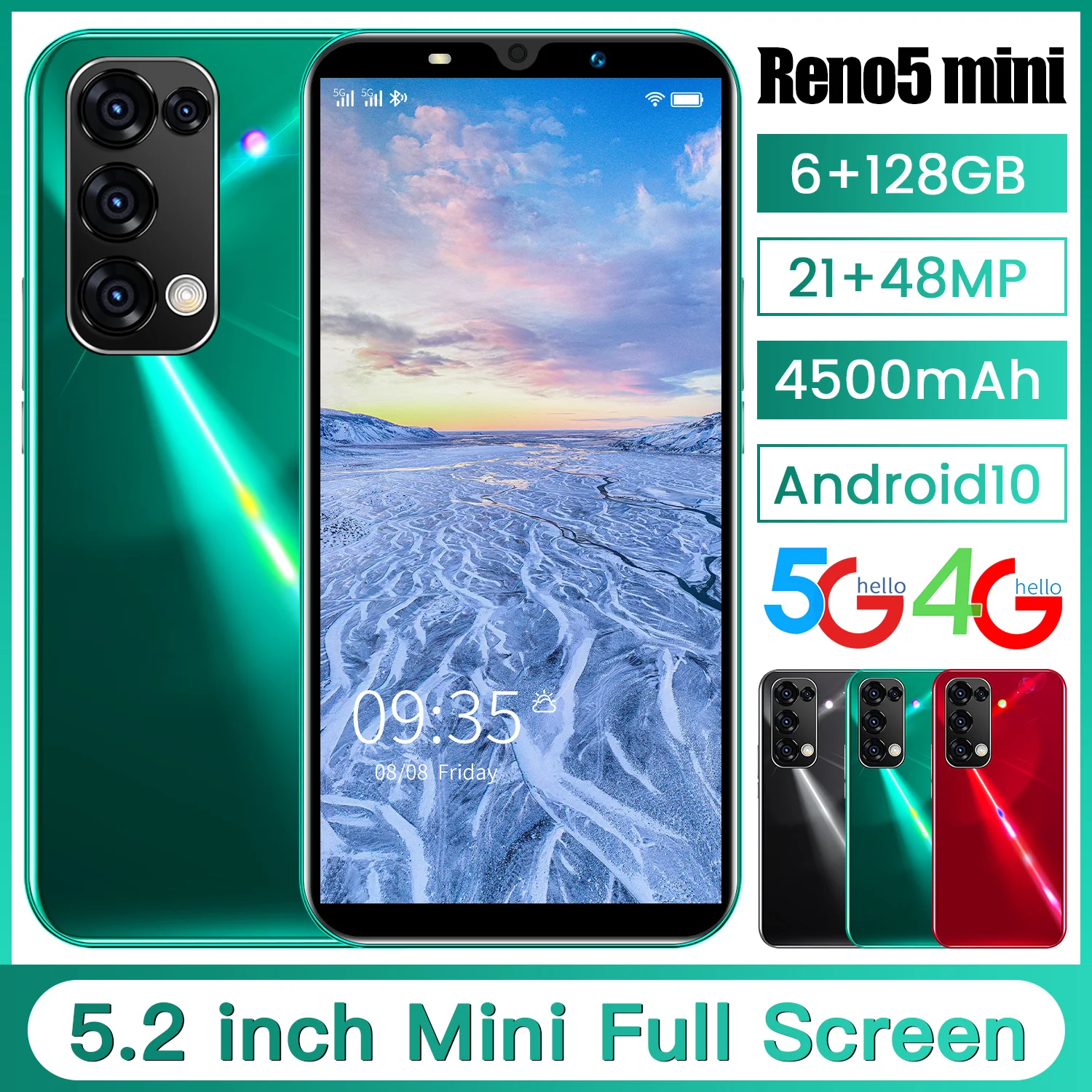 

Global Version Reno5 MINI 5.2Inch Full Screen 5G Smartphone MTK6895 10Core 6+128GB 21MP+48MP 4800MAH Finger Face Unlock Dual SIM