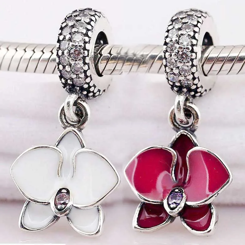 

Подвеска в виде цветка орхидеи из серебра 925 пробы с красной и белой эмалью