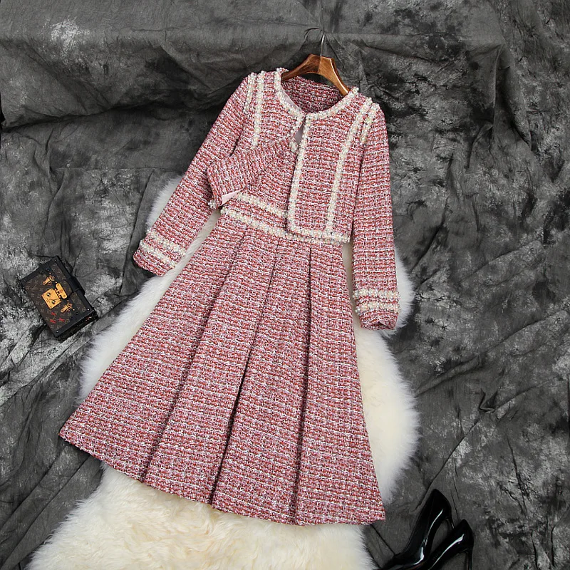 Banulin Winter New fashion women's Tweed short coat and dress two-piece suit High Quality Women's Beading Dress 2 piece Sets