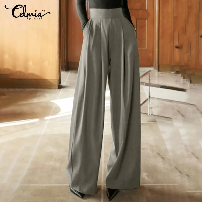 

Elegant High Waist Wide Leg Pantalon Celmia Women 2021 Fashion Autumn Solid Long Trousers Casual Loose OL Pressed Pleats Pants