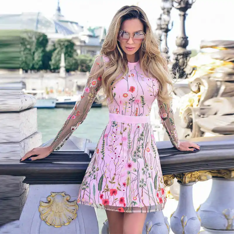 Pink Женское винтажное Сетчатое платье с цветочной вышивкой летнее Мини-Платье Бохо прозрачное черное платье Vestidos De Festa - Цвет: Pink