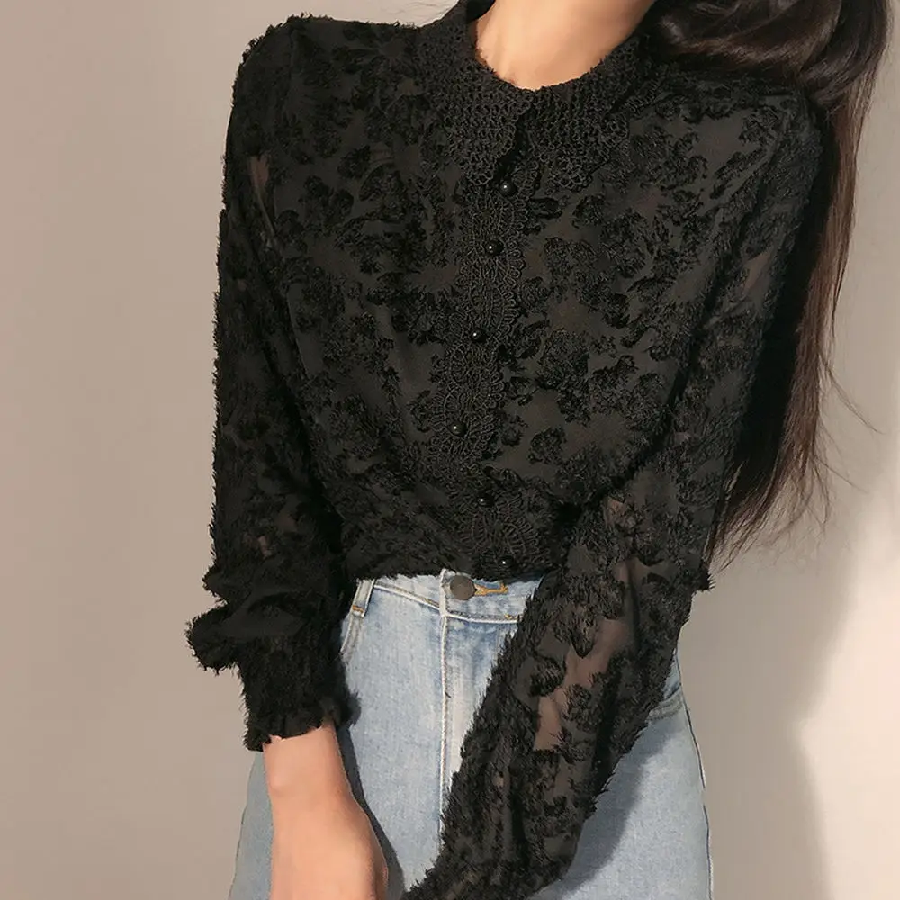 

blouse women 2020 New Women blouses Lace Patchwork Long Sleeve Shirts Sexy OL Solid Vintage Jacquard Loose Lapel Blouse Tops