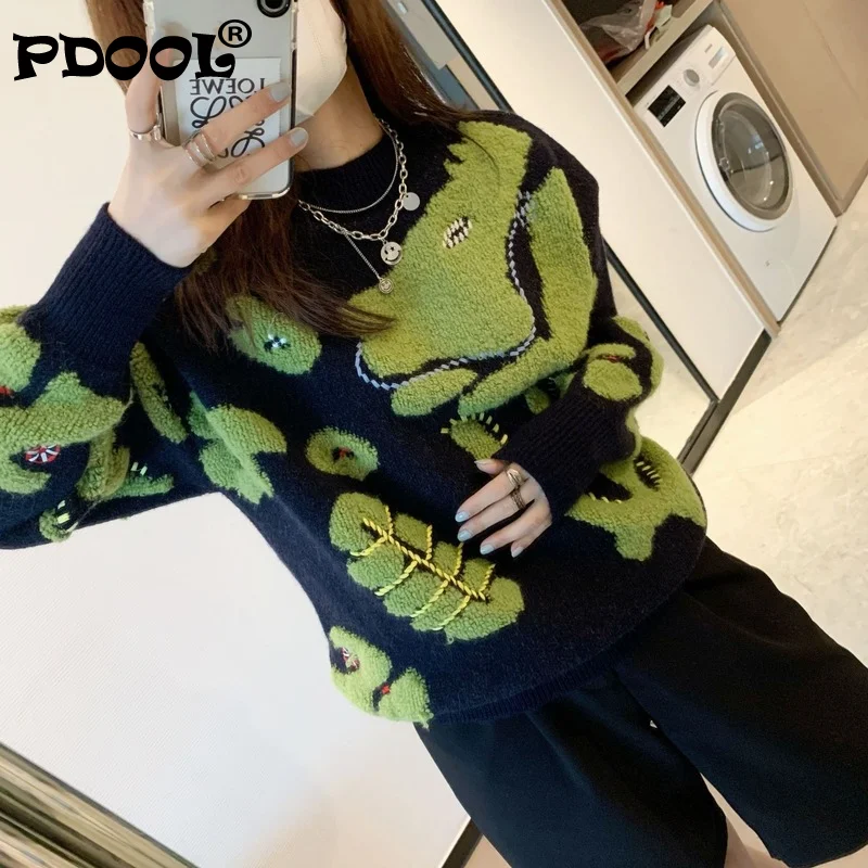

Autumn 2021 New Embroidery Knitting Dinosaur Wool Sweater Long Sleeve Pullover Argyle Pull Over Sweater Pullover Fashion