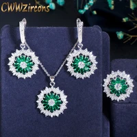 cwwzircons 3 piece green flower zirconia necklace earring and ring fashion silver color women cz jewelry sets accessories 27