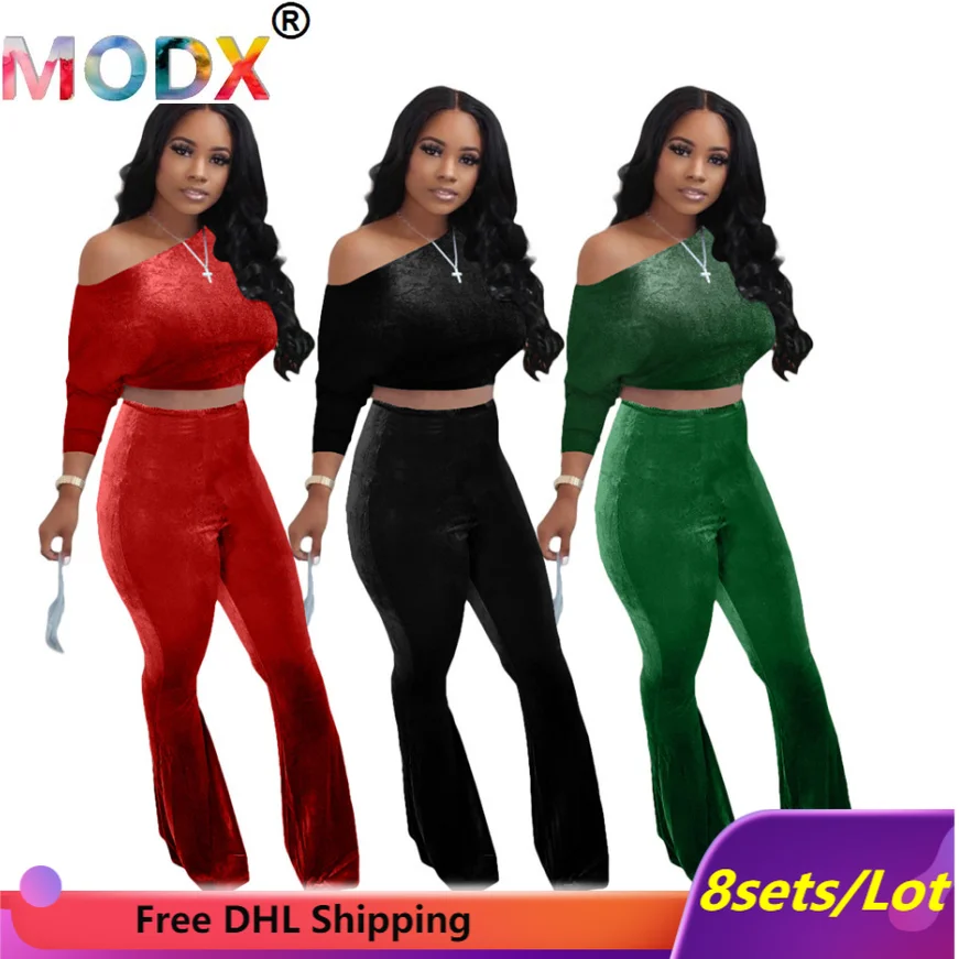 

Женский бархатный костюм из двух предметов, повседневный костюм с расклешенными брюками и коротким топом с воротником-лодочкой, однотонная...