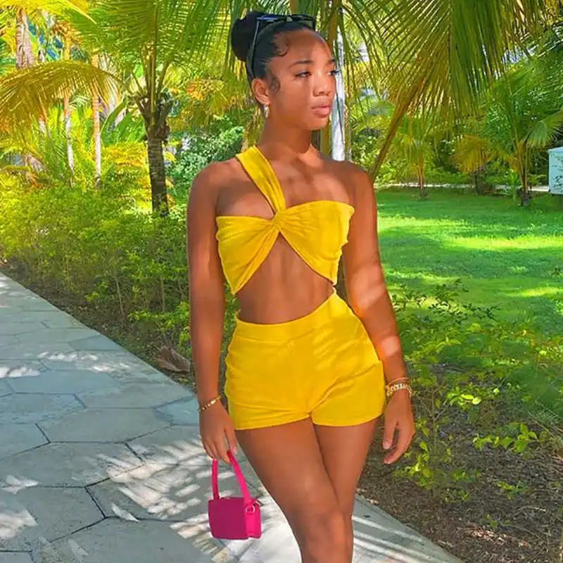 

two piece Irregular sleeveless Skinny crop top High Waist shorts set for womens club birthday party outfits summer clothes