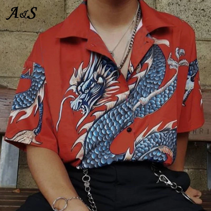 Anbenser 2020 Summer Women Tops Harajuku Blouse Women Dragon Print Short Sleeve Blouses Shirts Female Streetwear Plus Size XXXL