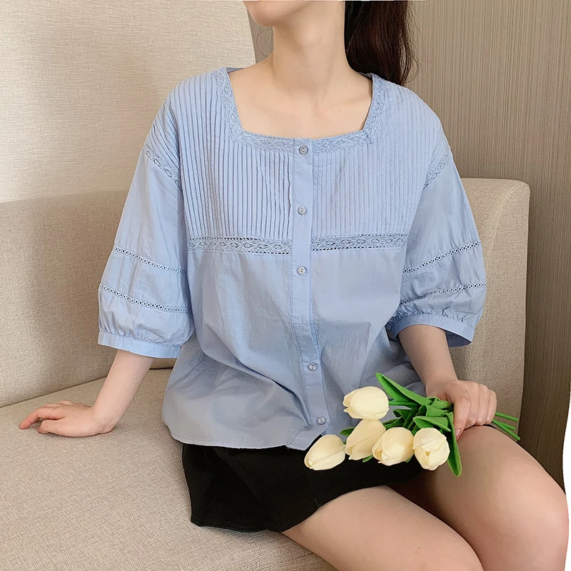 

Lamtrip Unique Summer Pleated Short Sleeve Shirt Female Solid Color Loose Shirt Blouse