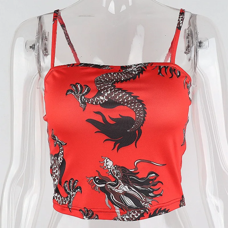 

Hot style 2021 Summer New Sexy One-word Collars with Dragon Print Slimming Vest for Women and Women Y2K