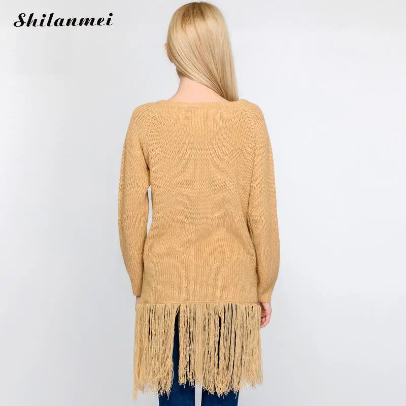 

2019 Autumn Yellow Tassel Sweater Pullovers Women Winter Long Sleeve Round Neck Long Style Casual Pullovers Knitted Free Size