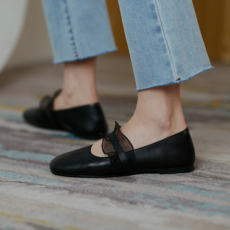 

VERCONAS 2021 Spring Casual Mary Janes Woman Flats Genuine Leather Shallow Round Toe Low Heels Shoes Woman New Ruffles Sweet