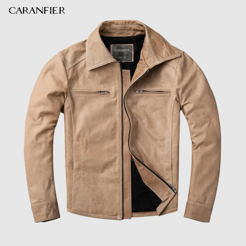 

CARANFIER Pakistan Oil Wax Uncoated Men Genuin Sheepskin Leather Leather Mens Lapel Slim Swallowtail Motorcycle Leather Jacket