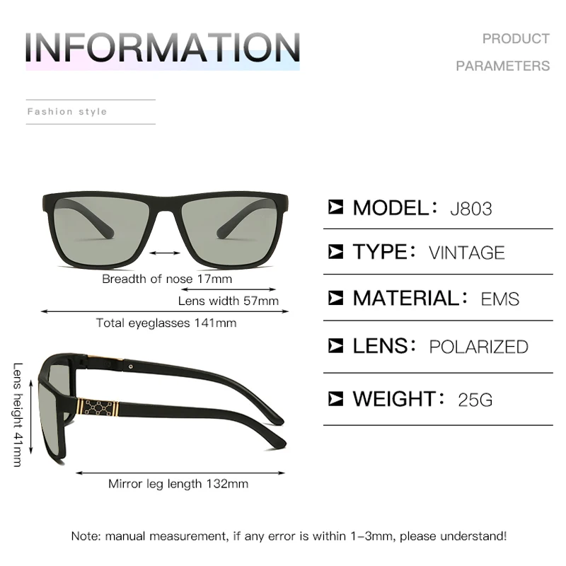 

LongKeeper Color Change Black Frame Photochromic Polarized Sunglasses Men TR90 Classic Square Chameleon Glasses Eyewear