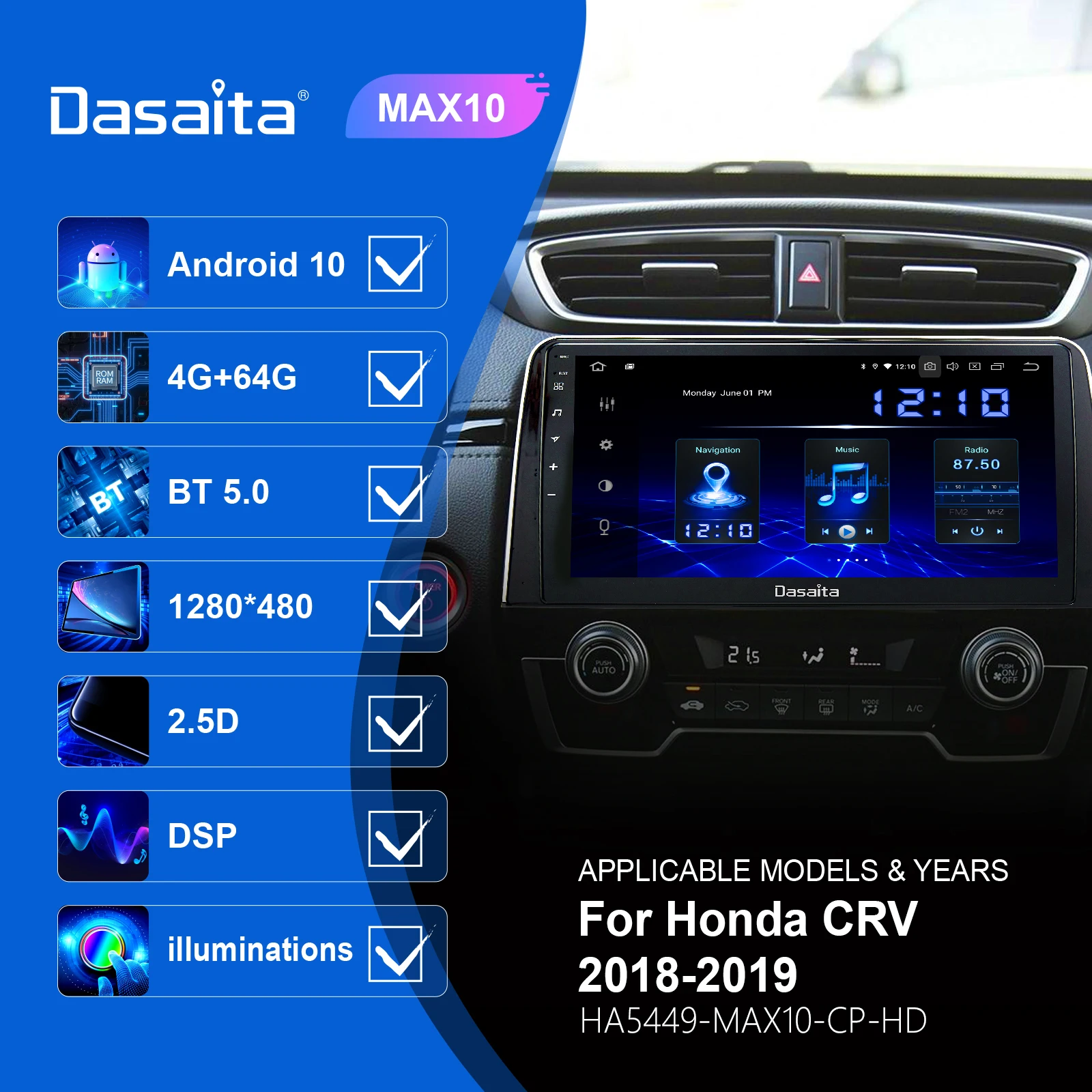 Dasaita Android 10 мультимедийный плеер стерео Автомагнитола для Honda CR-V 2018 CRV GPS навигация