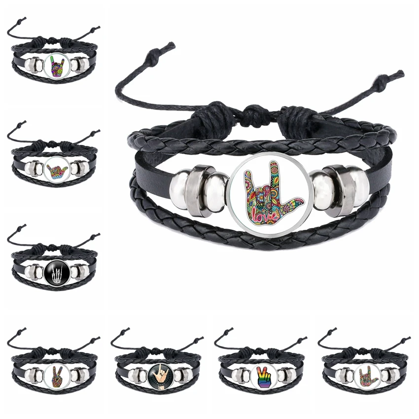 Креативный рок ручной символ кожаный браслет панк черный многослойный