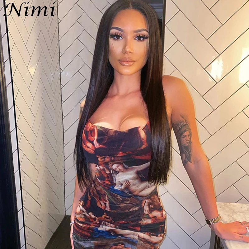 

Printing One Shoulder Sexy Strap Dress Summer Women Vestidos Mujer Verano Sukienki 2021Fashion Slip Off Backless Dresses Bue