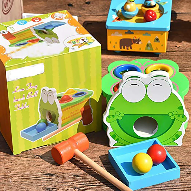 

Green Leon Frog Wooden Percussion Table Toys Hammer Beating Children's Toys Early Educational Drum Table Birthday Gift For Kids
