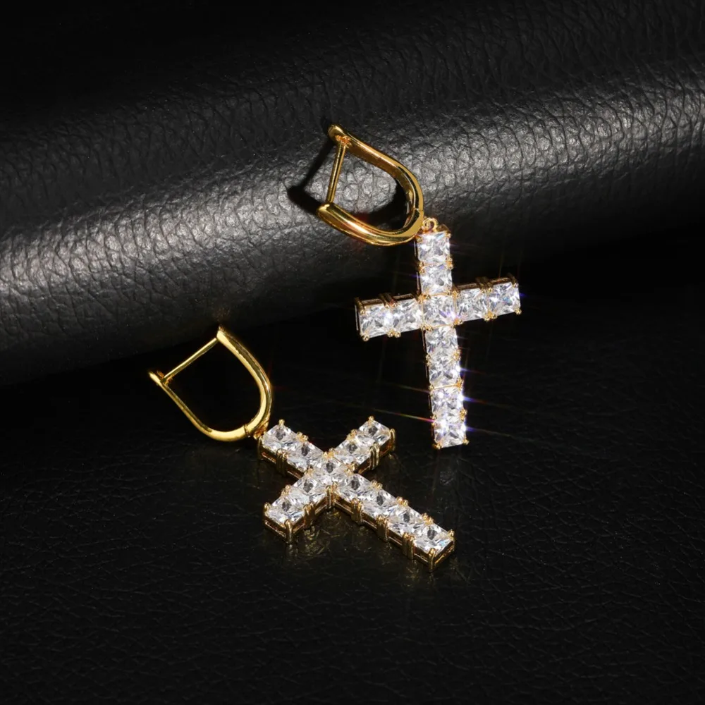 Микро проложили крест Полный Bling Iced Out серьги кубический циркон золото цвет