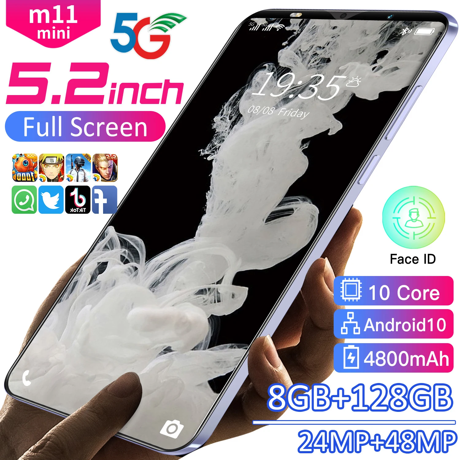 

2021 New M11mini 5.2 Inch Phone 8GB+128GB Mobile Phone Android10.0 24+48MP HD Camera 4800mAH Battery Smartphones Global Version