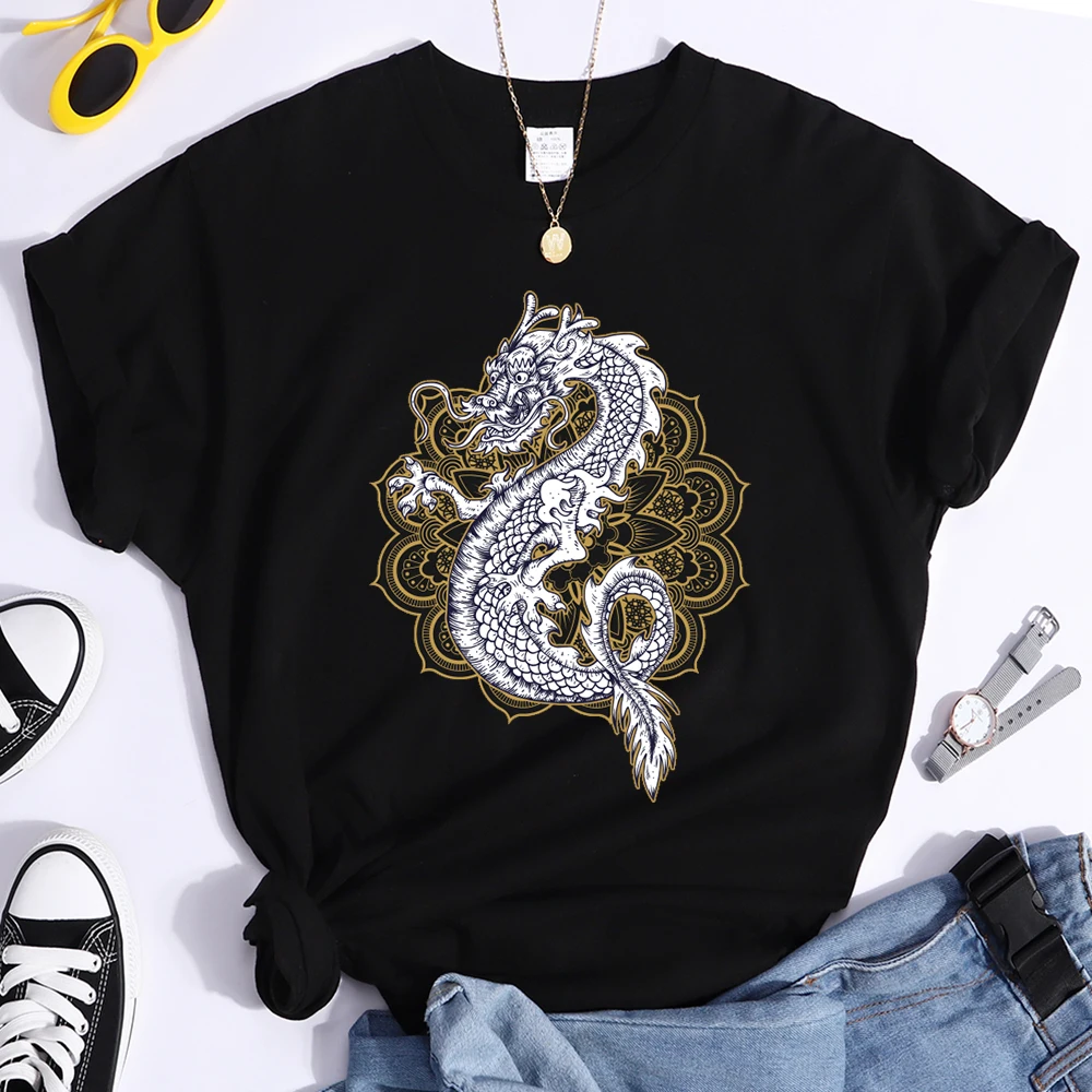 

Chinesischer Dracheprint Womens T-shirt Spring Summer T-shirts 2021 Cool Fashion Short Sleeved o-neck Breathable Woman's T-shirt