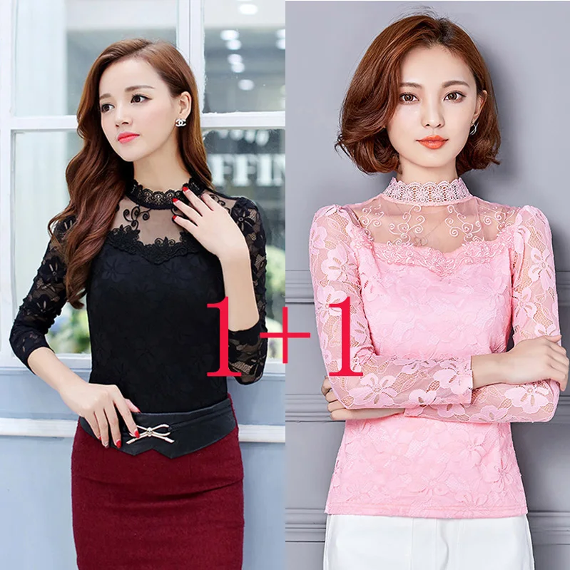 Femininas Blusas, женские блузки, весна-осень, модные сексуальные облегающие Рубашки, Топы, кружевные, с длинным рукавом, с круглым вырезом, для отдыха, черные/белые S-5XL - Цвет: Black-Pink